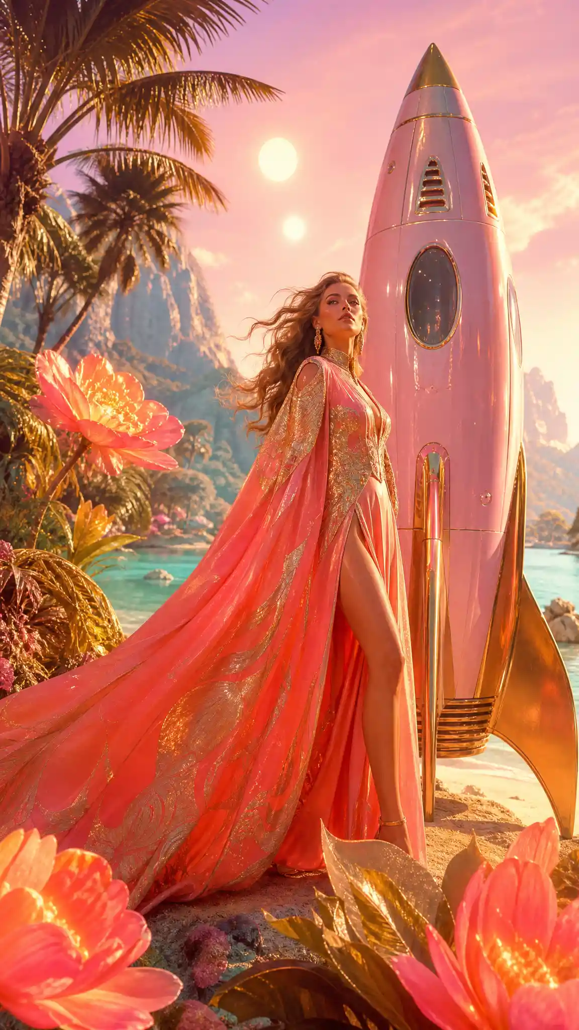 Fashion model with retro rocket on surreal jungle beach