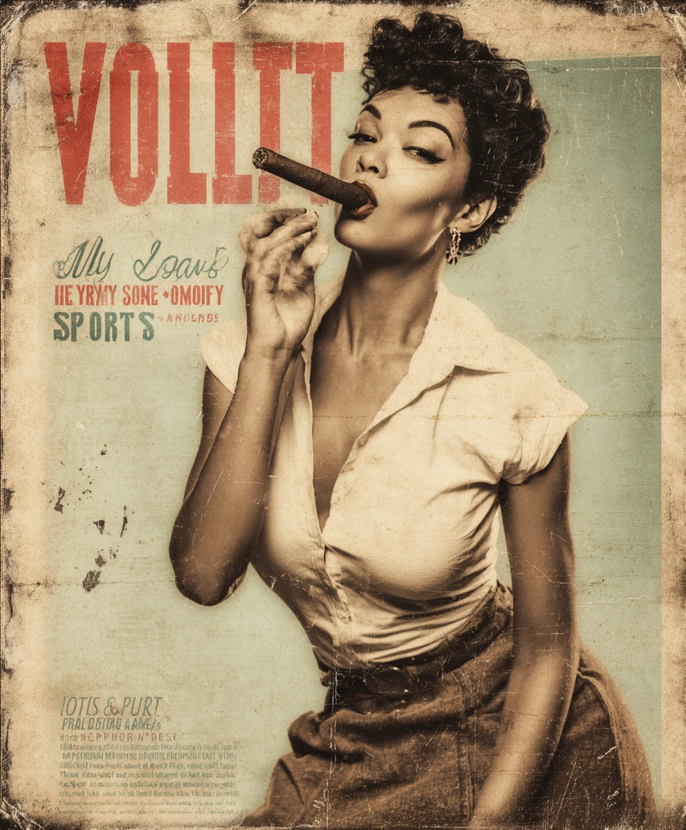 Mulher vintage brincalhona fumando charuto em arte de pôster retrô