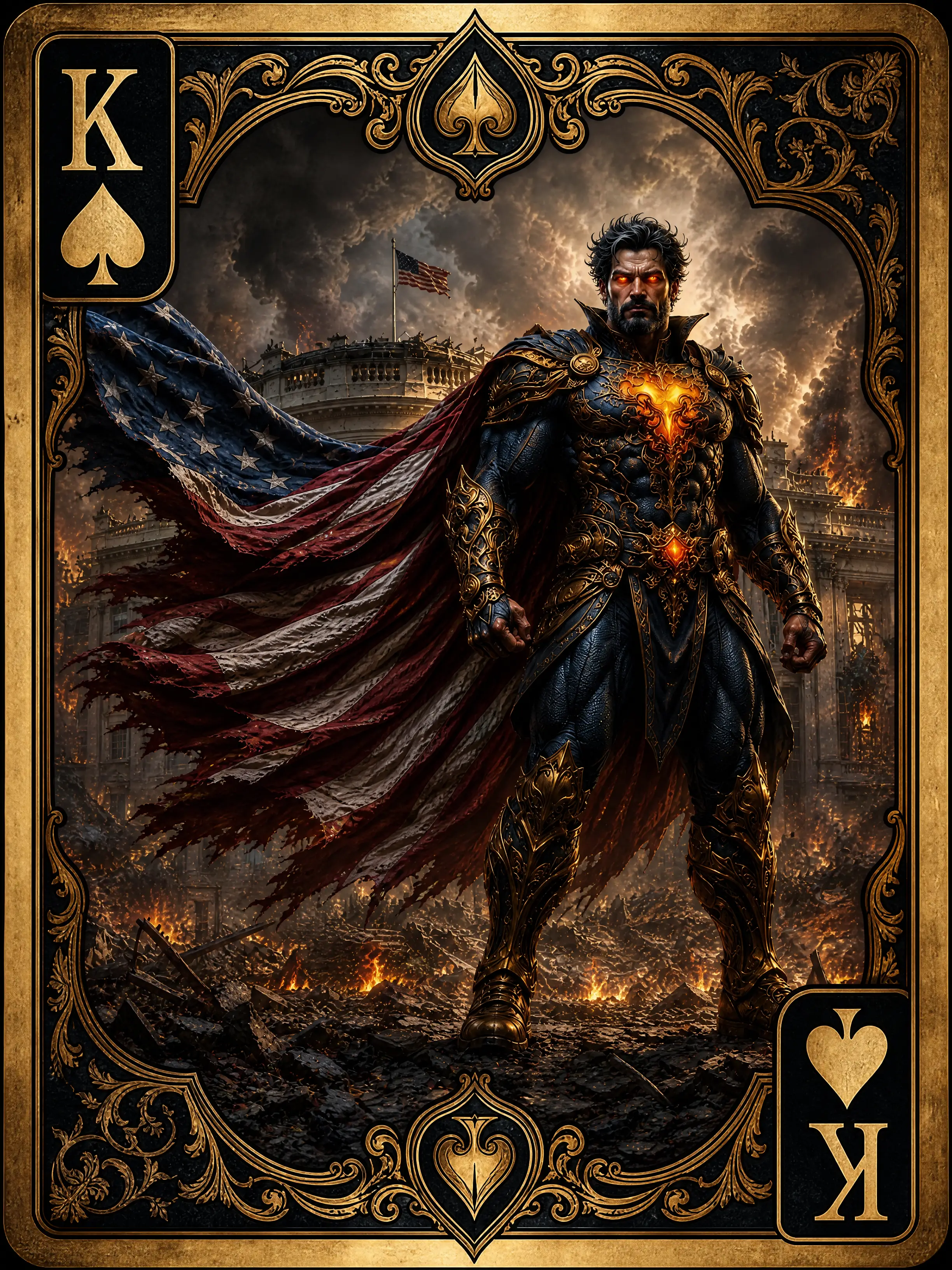 Armored superhero amid the ruins of the White House