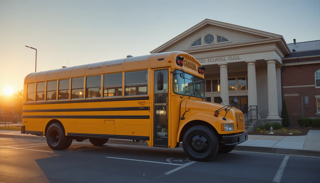 Autobus scolaire jaune devant l’école au lever du soleil