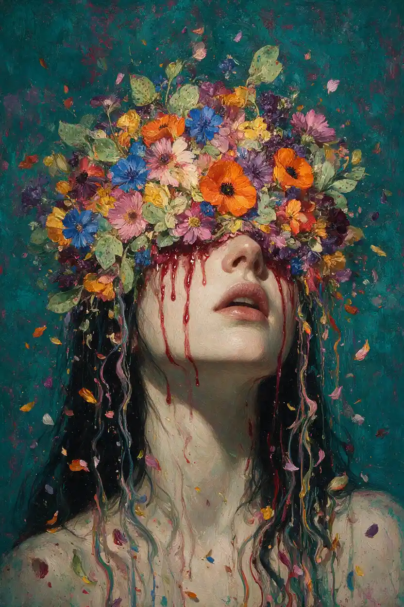 Woman portrait with wildflower crown and crimson tears