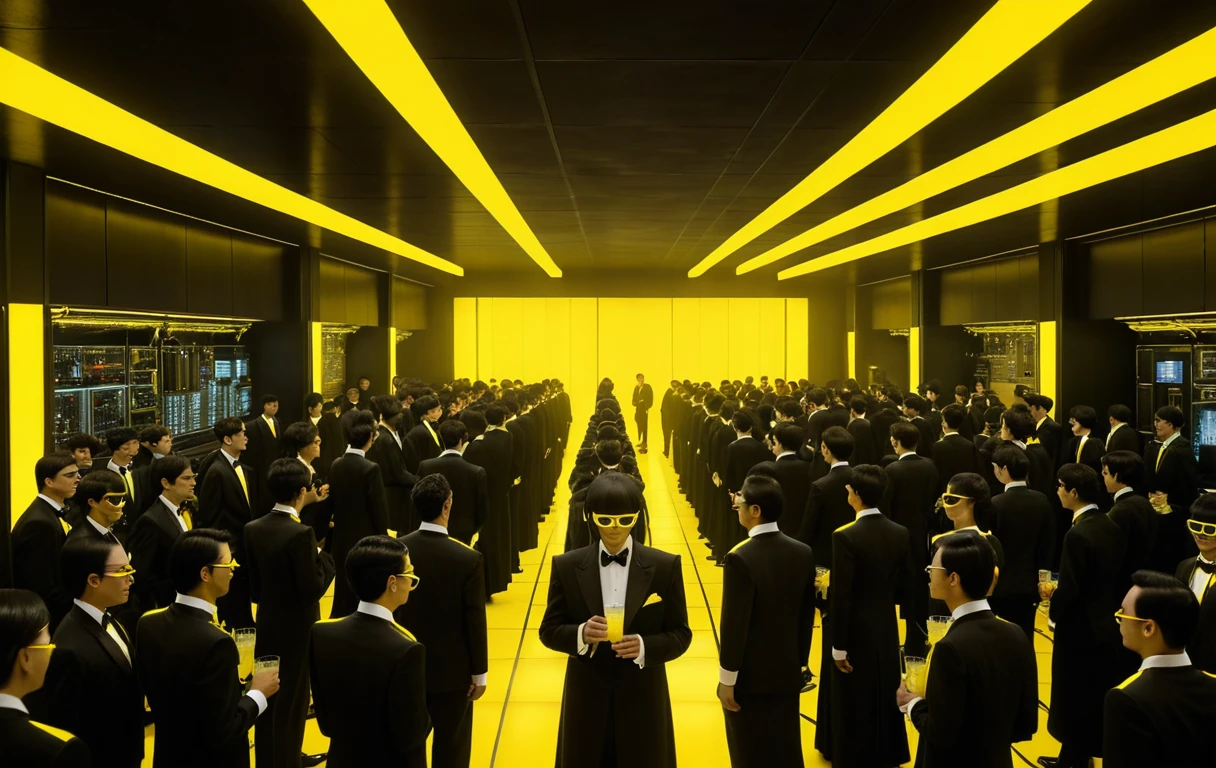 Futuristische Menschenmenge in schwarzer Neon-Hochzeitskleidung im Innenraum