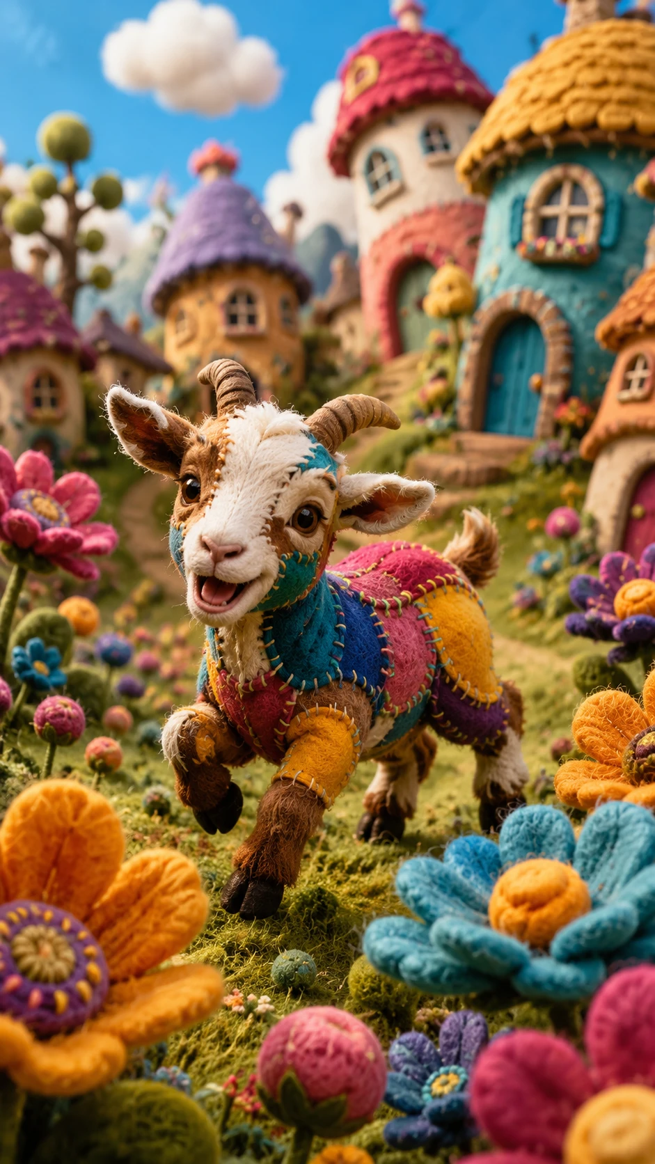 Cabra-pigmeia colorida brincando em um prado de flores fantástico