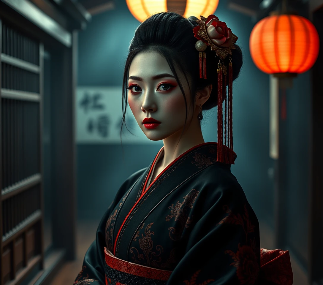 Mulher inspirada em gueixa sombria em interior japonês atmosférico