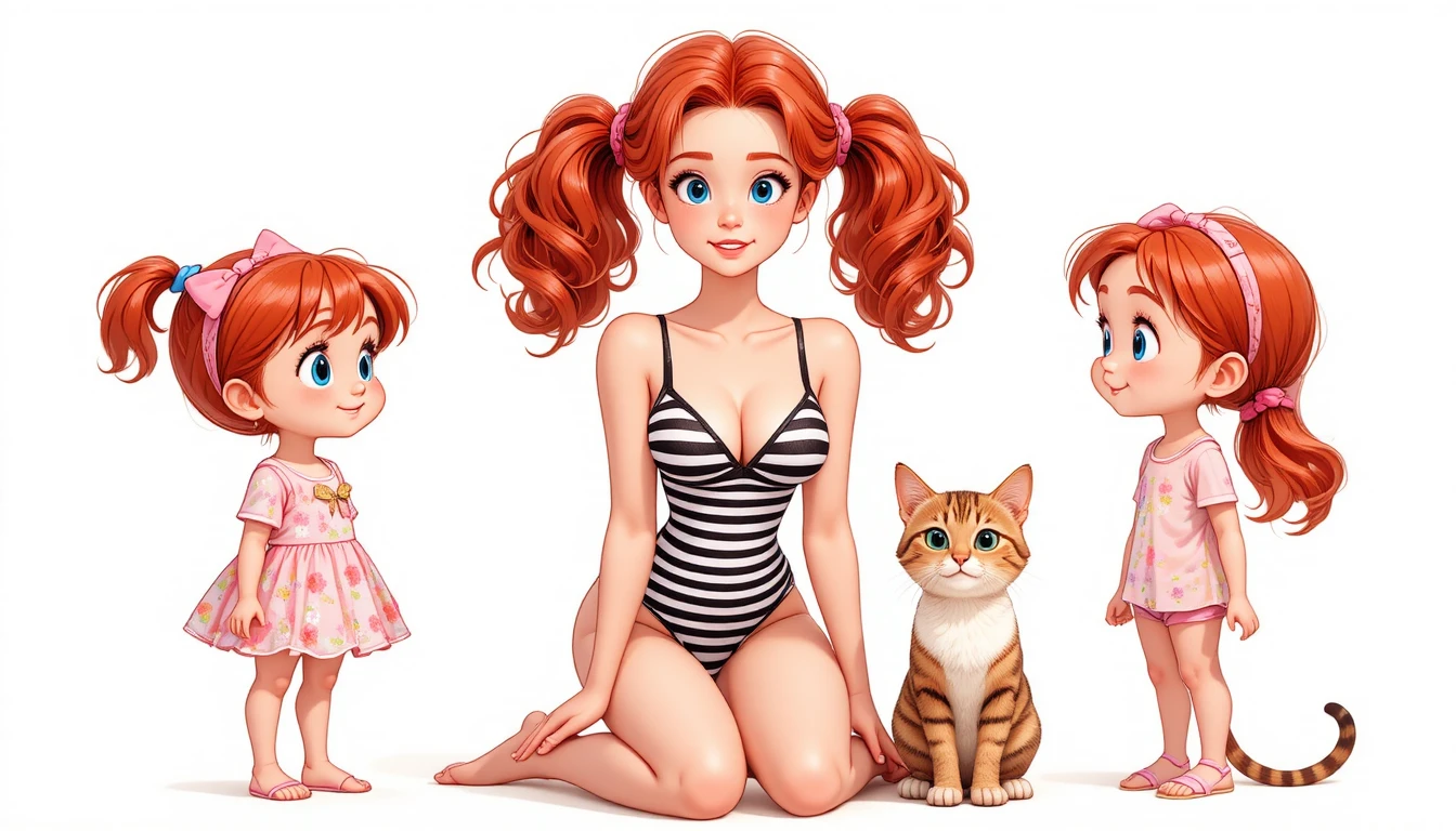 Donna dai capelli rossi in ginocchio con due bambine e un gatto