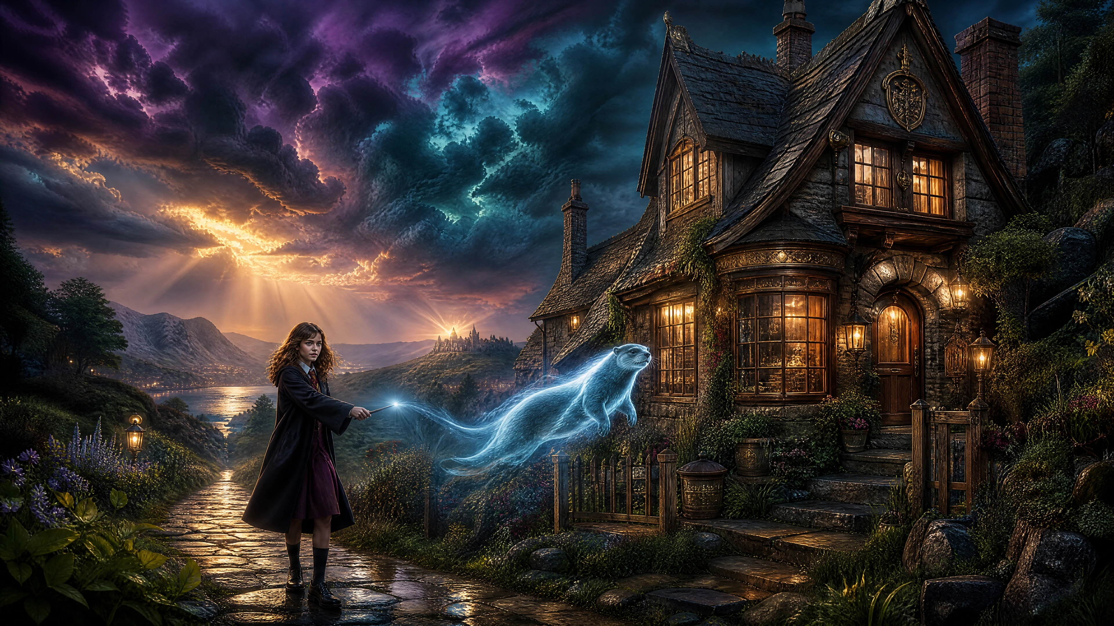 Mágico cottage inglés bajo cielos de fantasía tormentosos