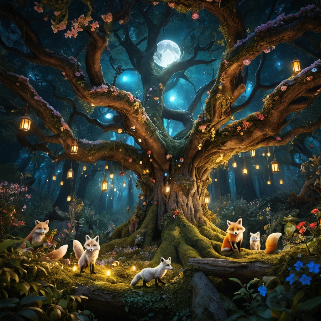 Volpe Bianca Incantata in una Foresta Illuminata dalla Luna