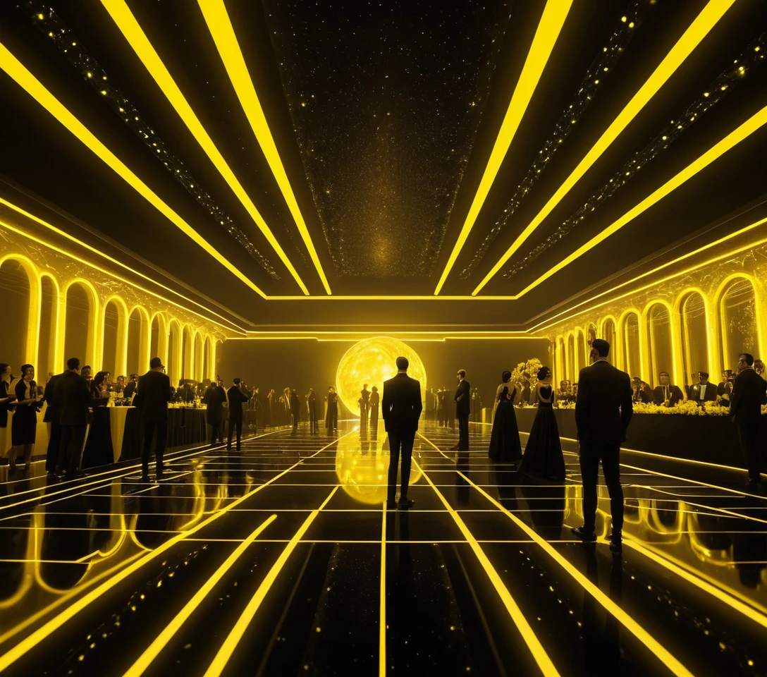 Multidão em traje de casamento preto neon sob um céu cósmico amarelo