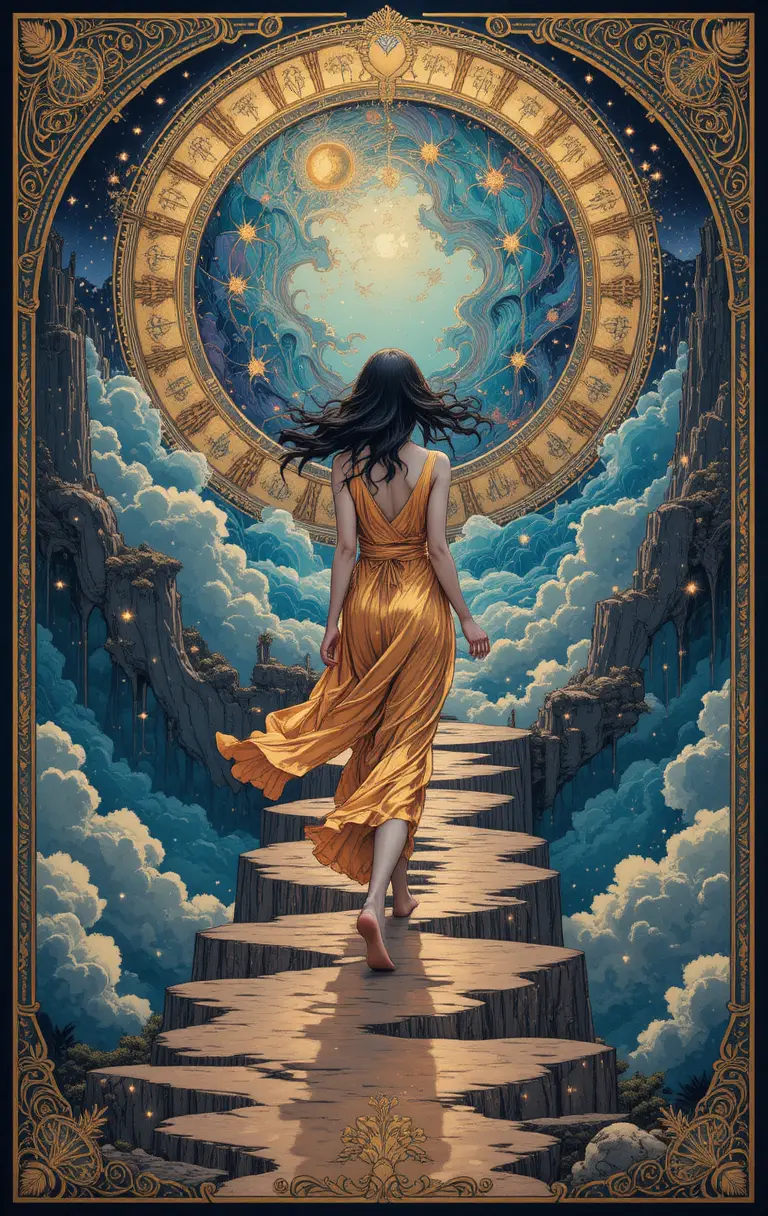 Girl walking along an S curved path toward heaven