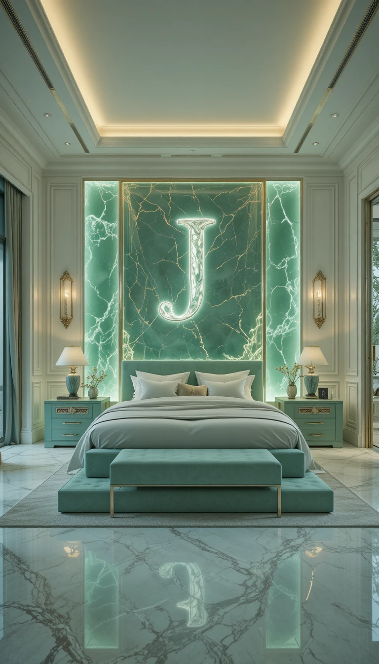 Dormitorio lujoso de cristal jade con decoración de letra luminosa
