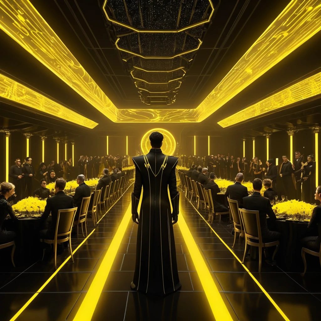 Multidão em traje de casamento preto futurista com detalhes em neon