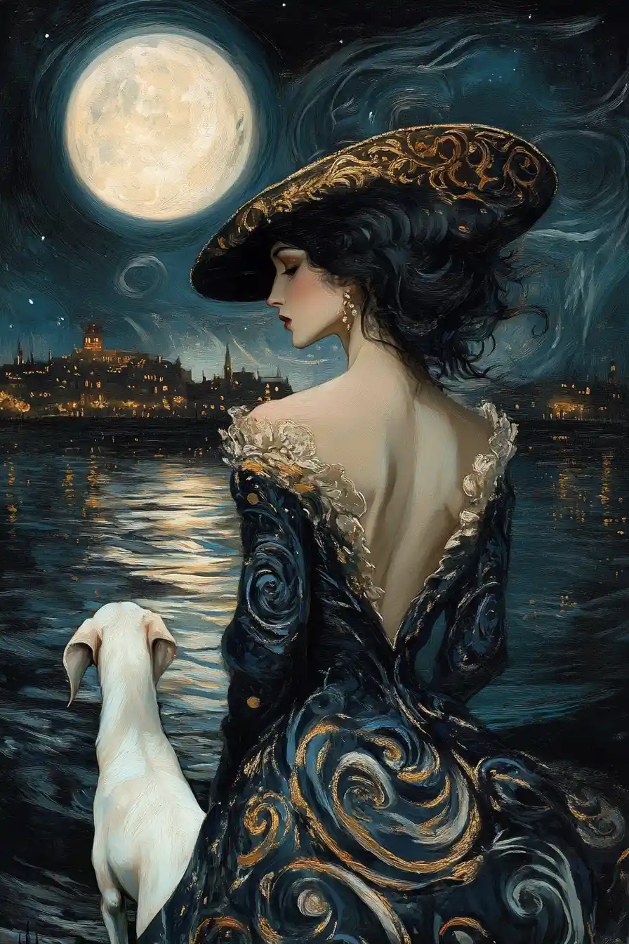 Elegant woman by the moonlit water with a white greyhound