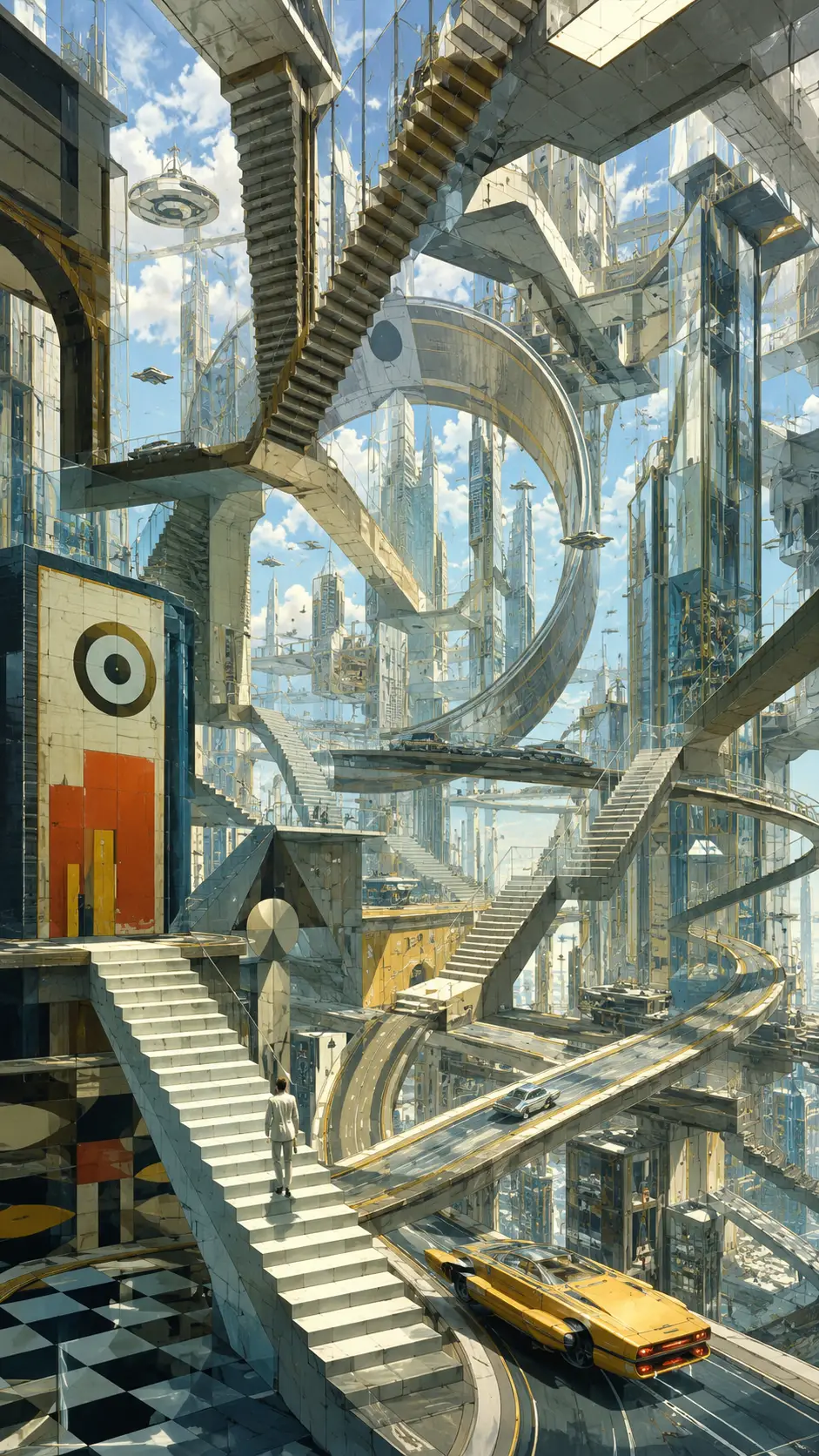 Endlose futuristische Stadt aus verschlungenen Chrom-Autobahnen und Treppen