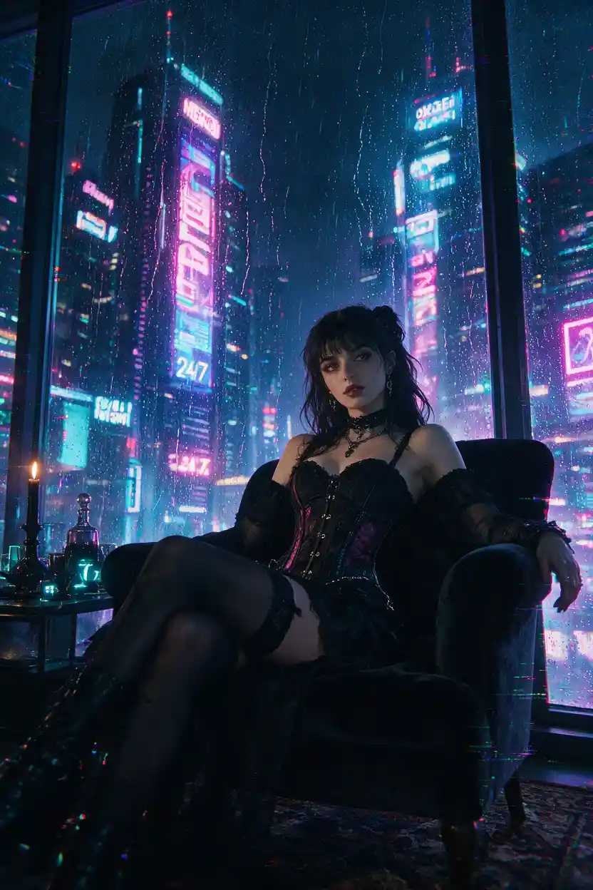 Jeune femme gothique en corset assise à l’intérieur la nuit