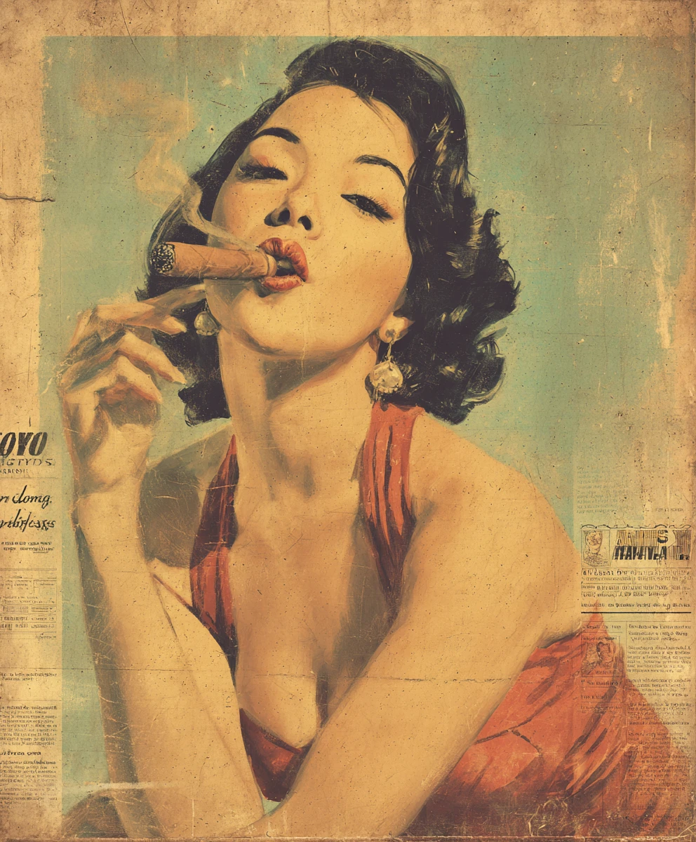 Pôster vintage divertido de pin-up fumando um charuto