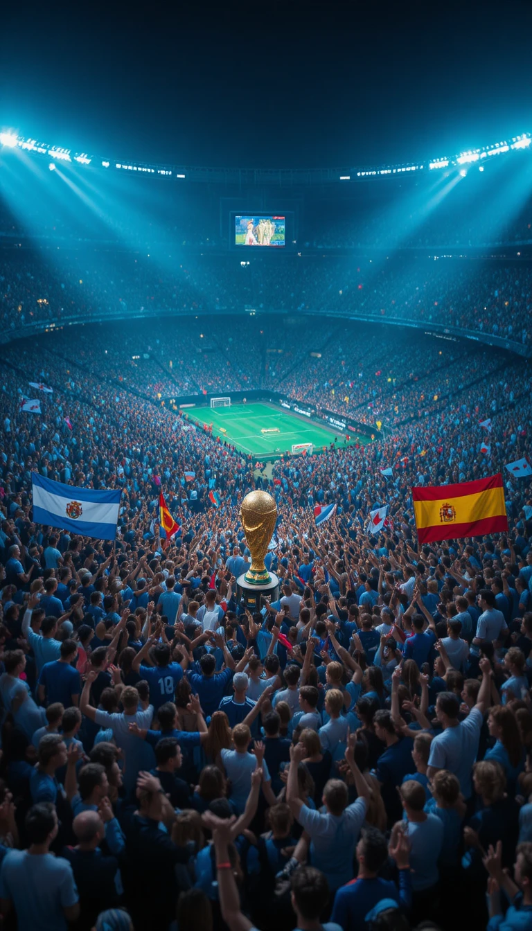 Luftaufnahme eines hell erleuchteten, voll besetzten Fußballstadions