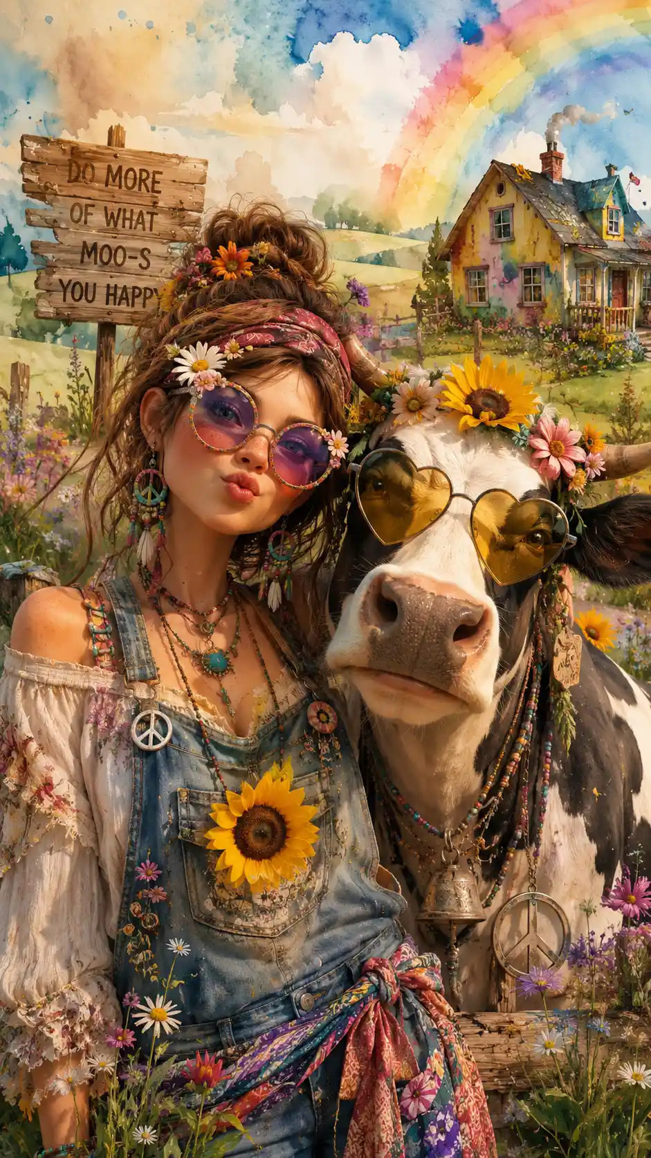 Quirky farmer woman with cow in whimsical 3D world