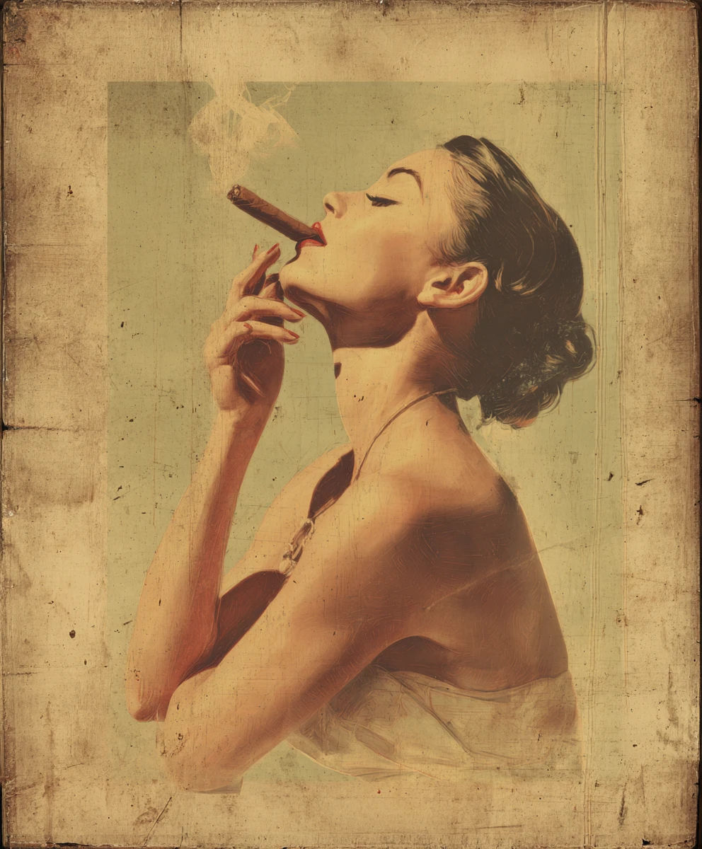 Mulher pin-up retrô fumando charuto em pôster vintage