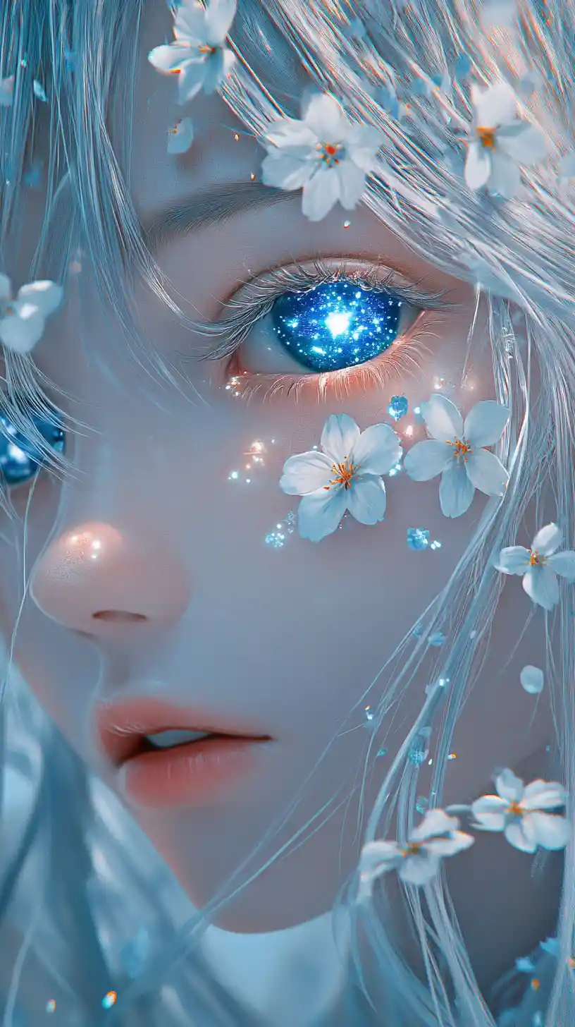 Anime girl close up with glowing galaxy blue eye