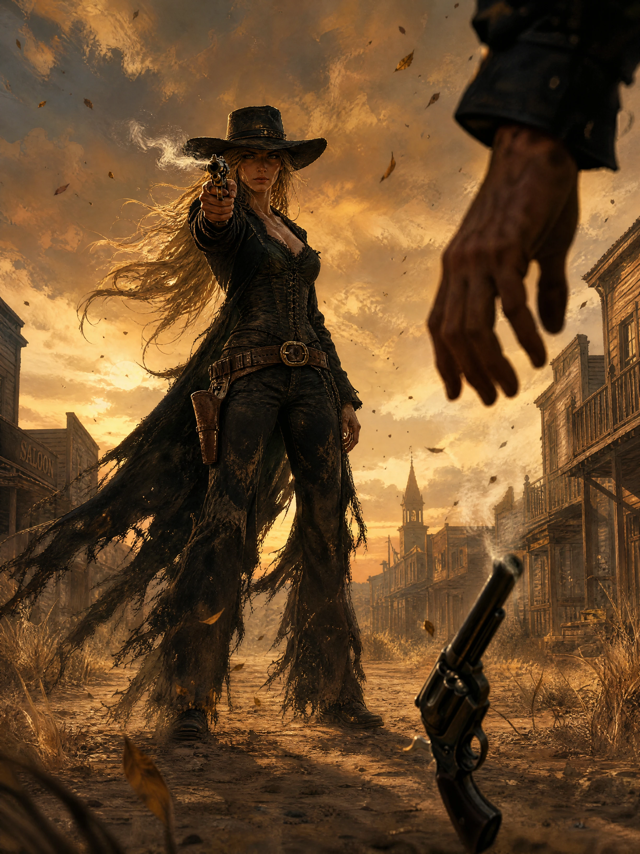 Cowgirl pistoleira empoeirada mirando seu revólver ao pôr do sol