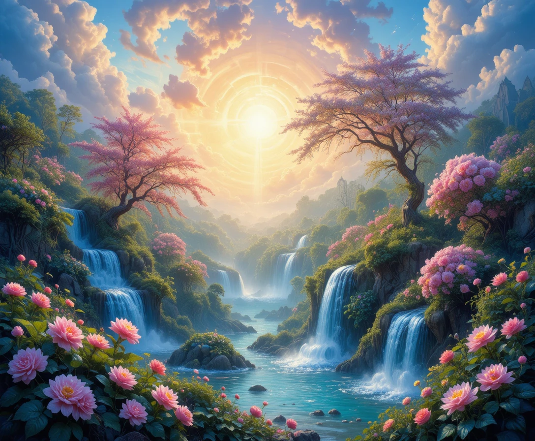 Foresta fantasy da sogno con cascate luminose e creature
