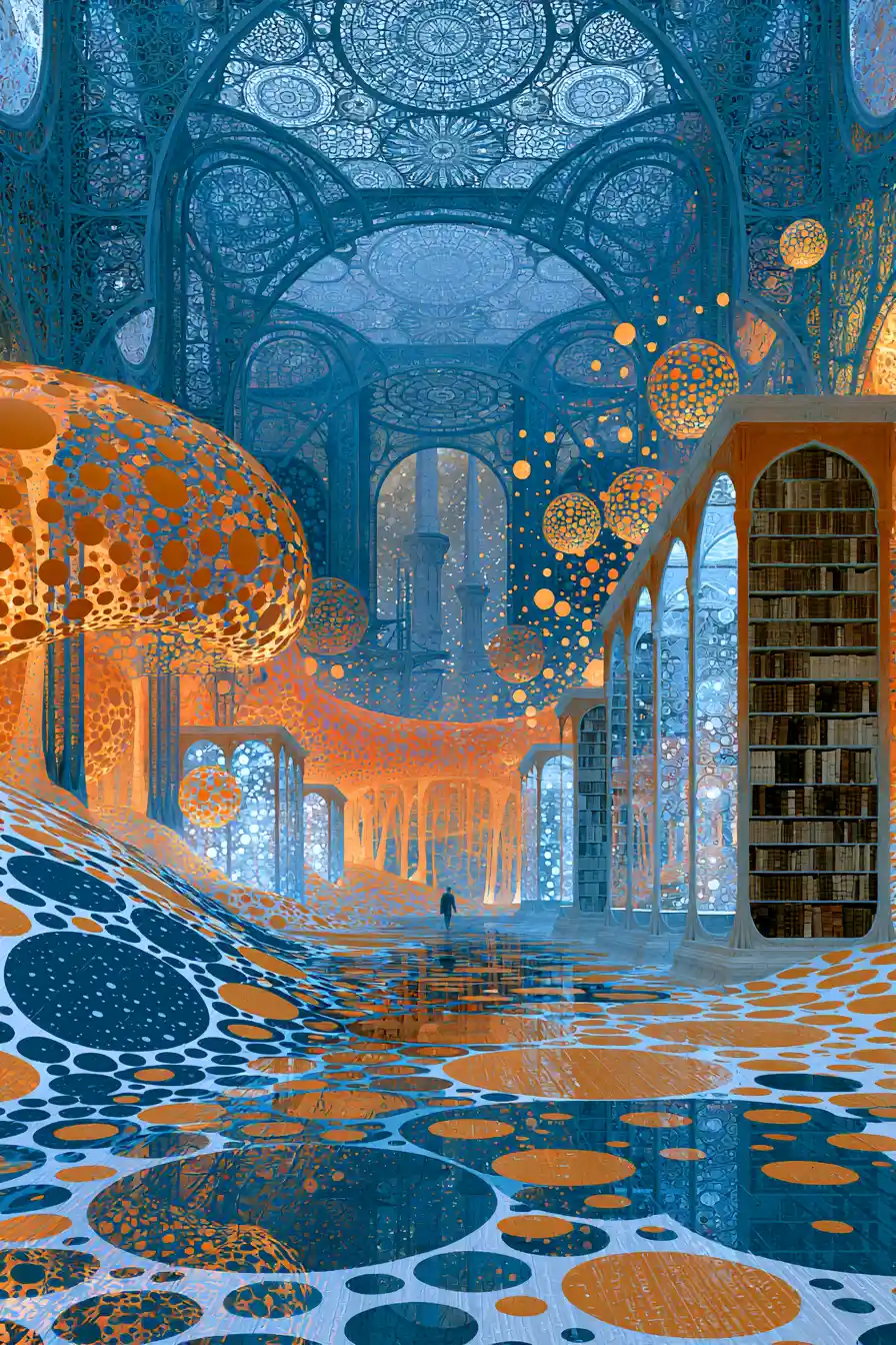 Surreal Atlantis library with holograms and ancient books