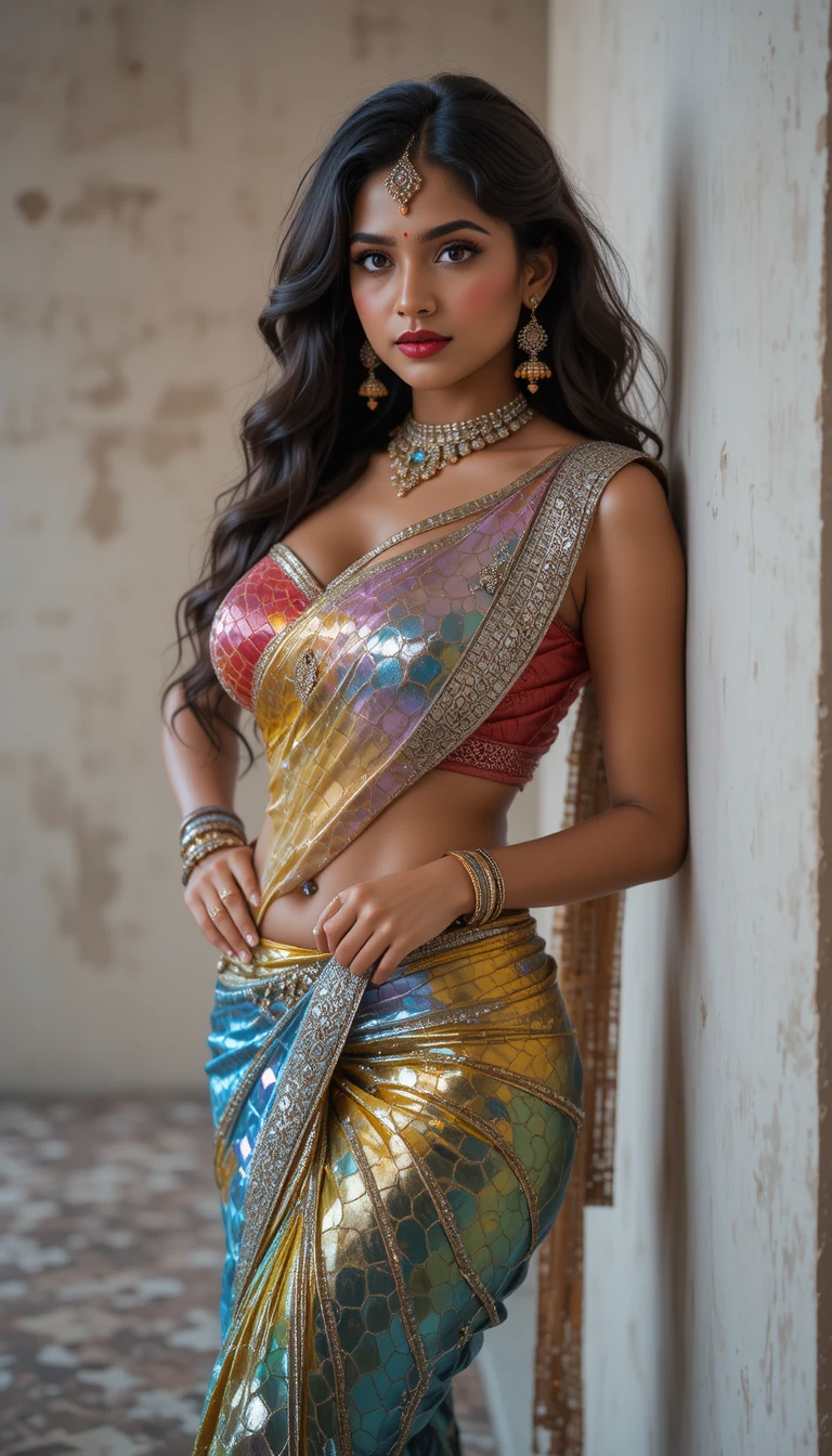 Indische Frau im reflektierenden Sari posiert in rustikalem Interieur