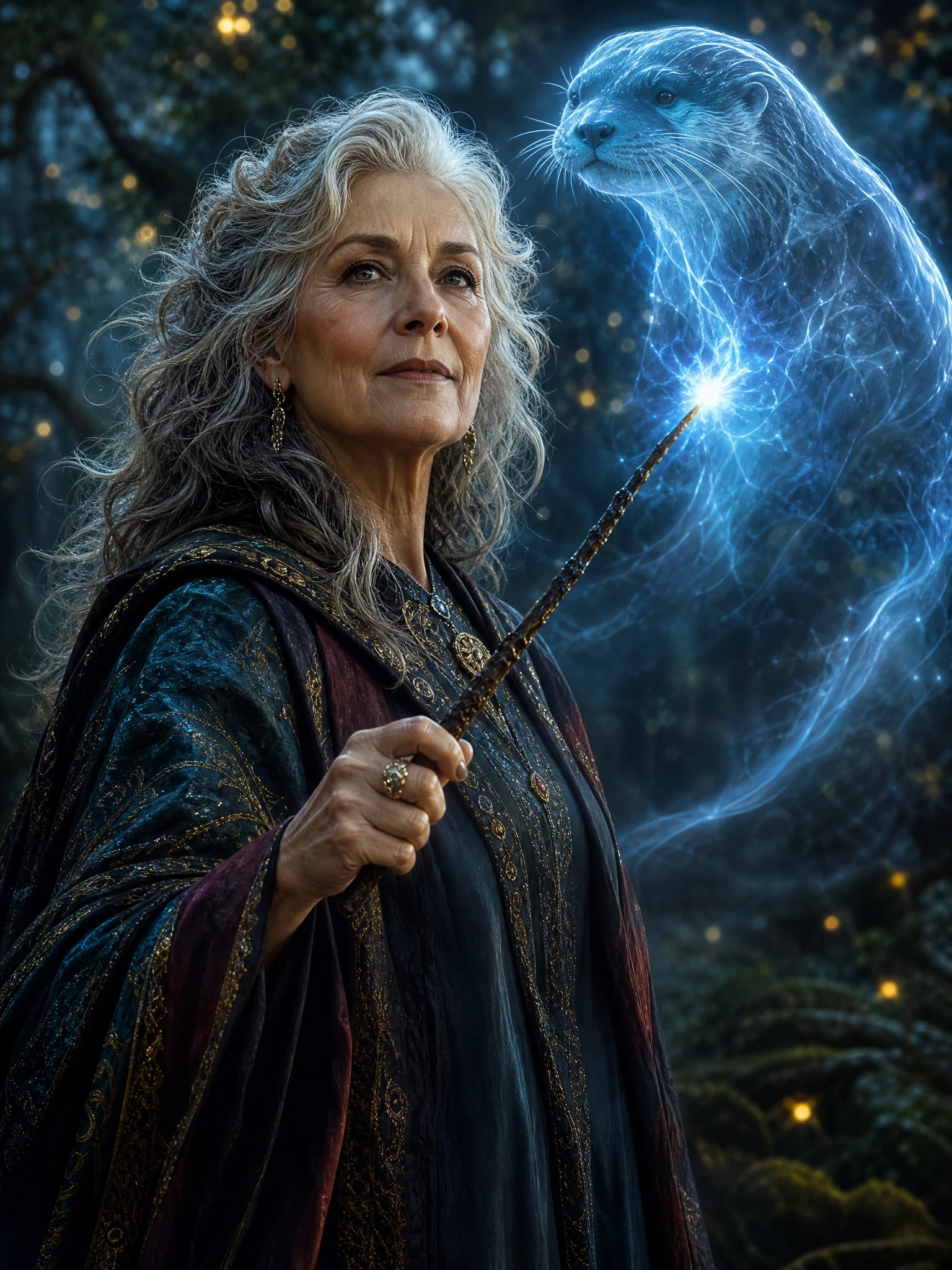 Aging witch with glowing wand in enchanted forest