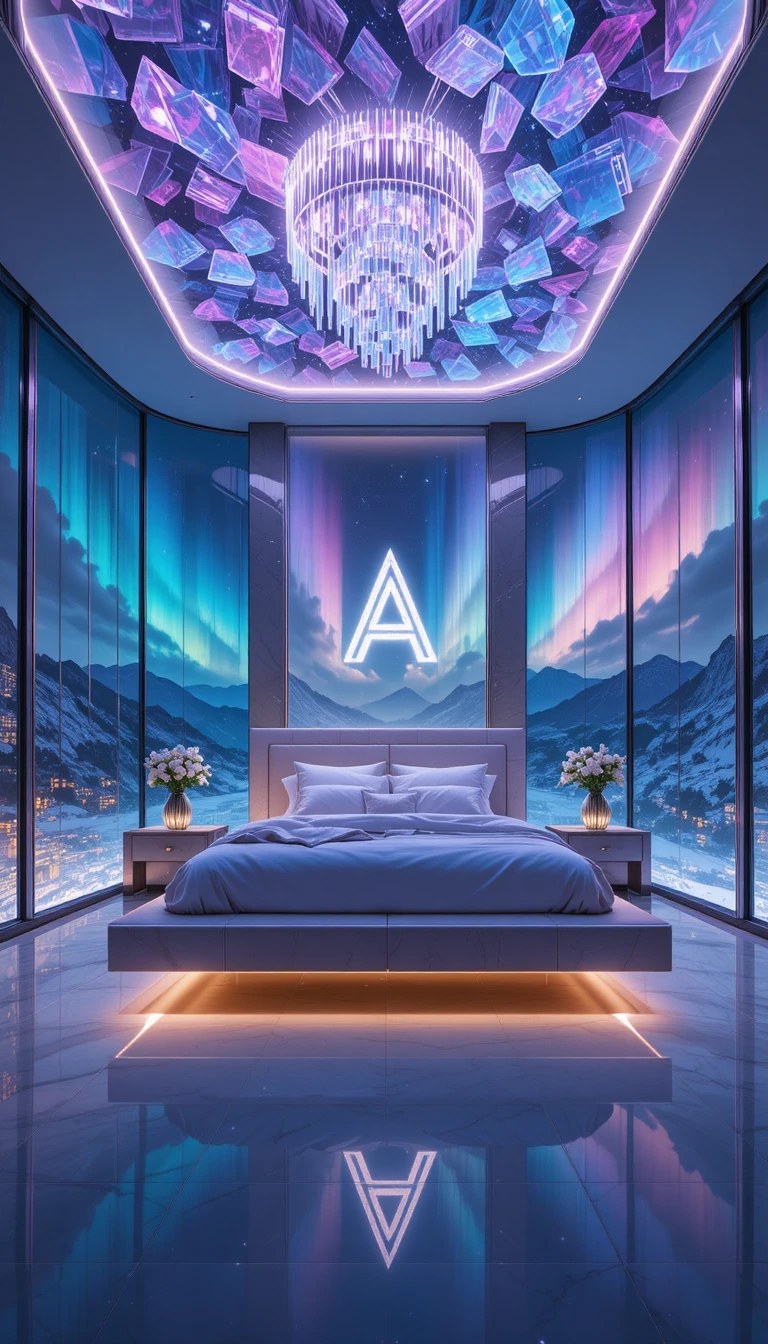 Camera da letto di lusso in cristallo con letto sospeso e luci d’aurora