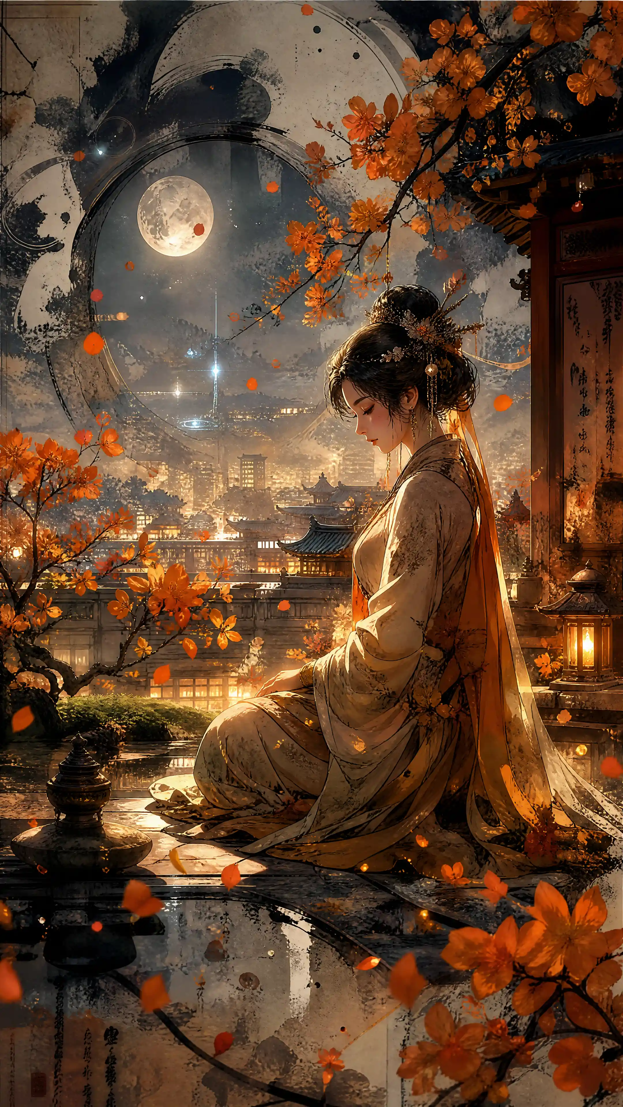 Traditional woman meditating in a moonlit rooftop shrine garden