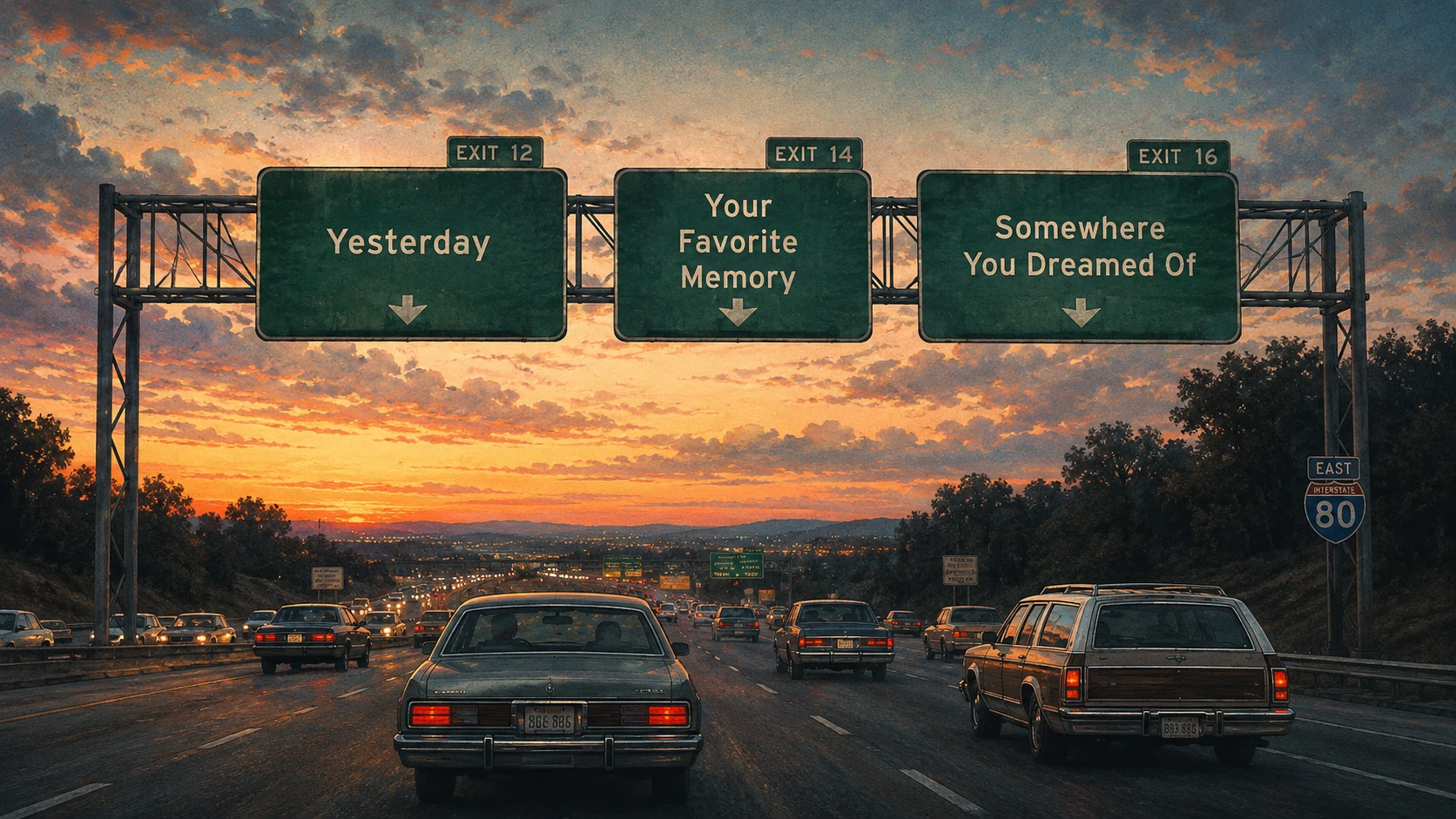 Rodovia americana ao anoitecer com placas de destino surreais
