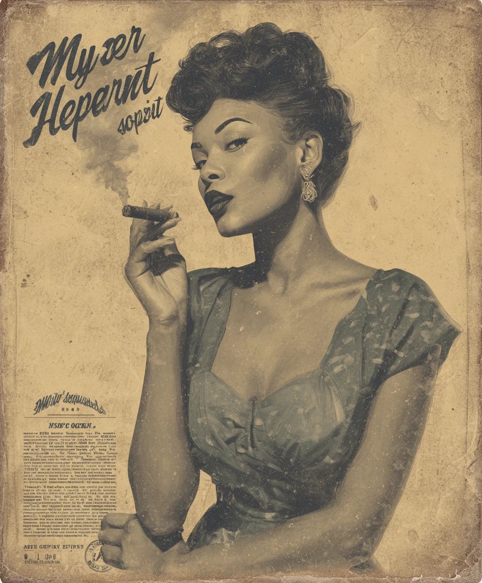 Ilustración de póster de chica pin-up vintage fumando un cigarro