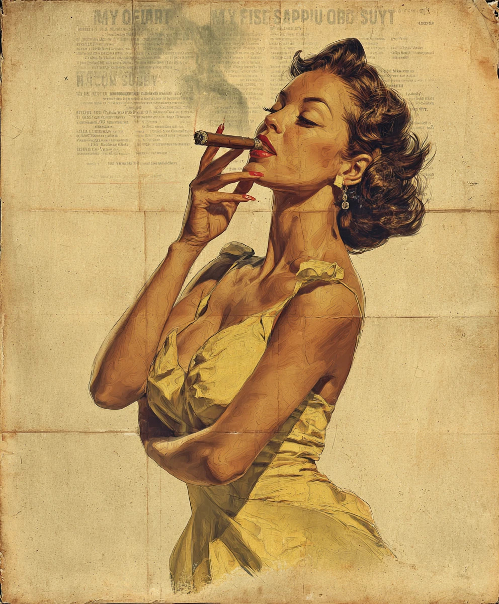 Pôster de mulher pin-up vintage brincalhona fumando charuto