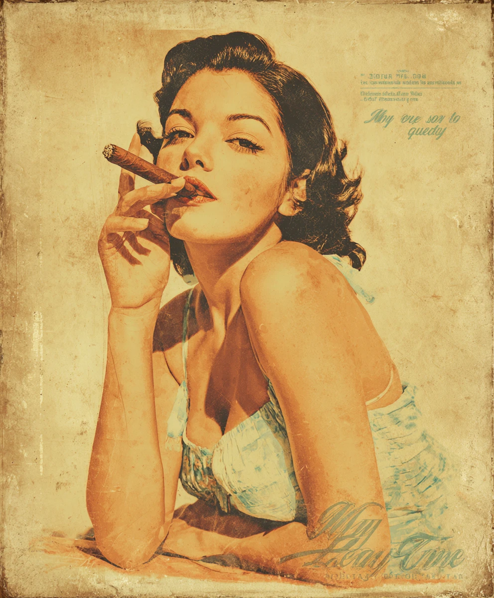 Mulher vintage divertida fumando charuto em arte de pôster retrô