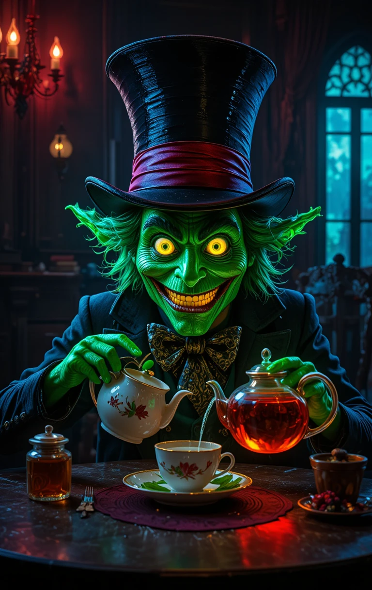 Chapelier fou vert versant du thé à une table fantaisiste