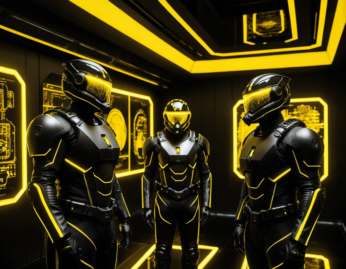 Oficiais futuristas se reúnem em um interior cósmico iluminado por néon