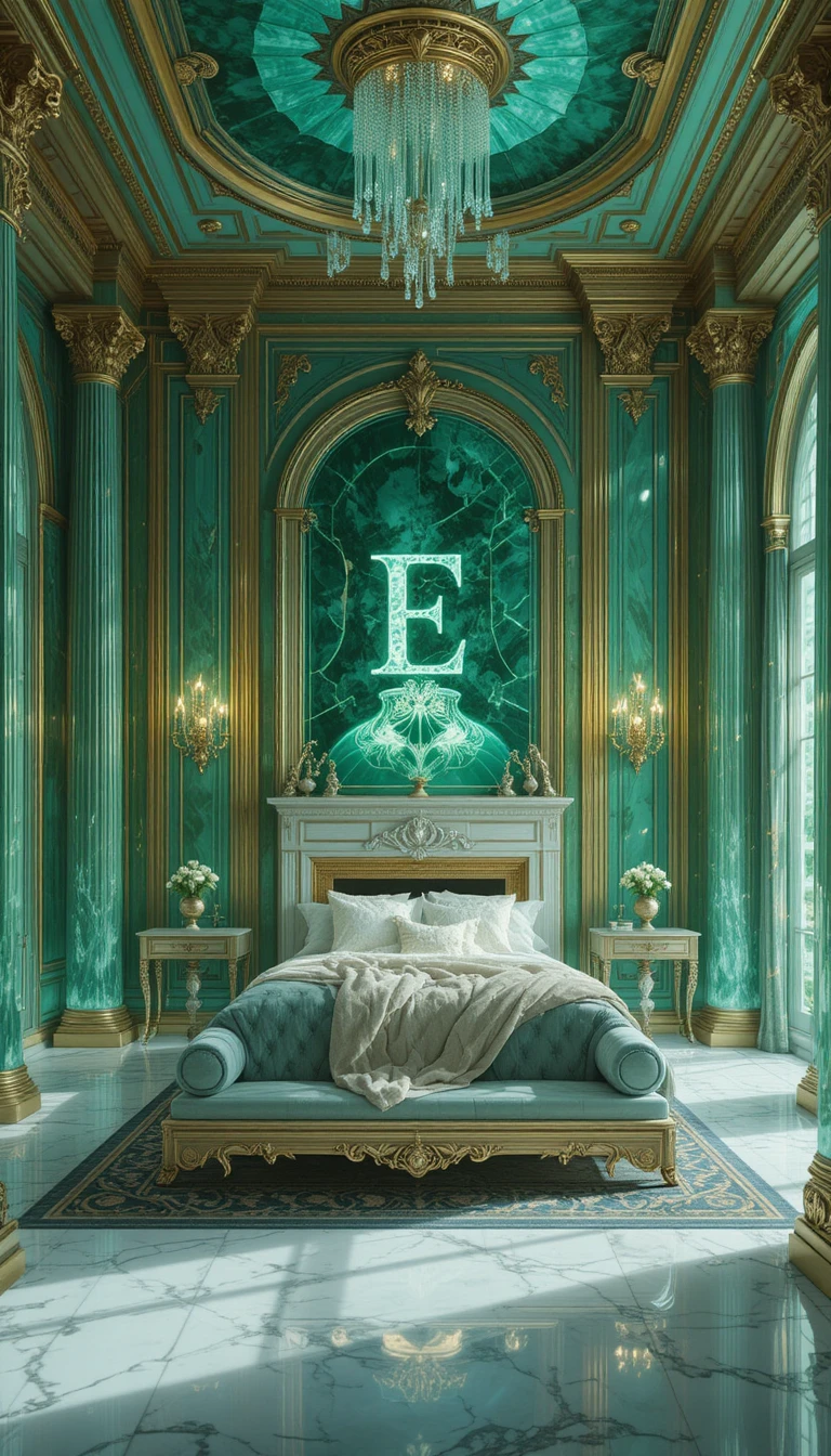 Lussuosa Camera da Letto di Palazzo di Cristallo Smeraldo con Letto Fluttuante