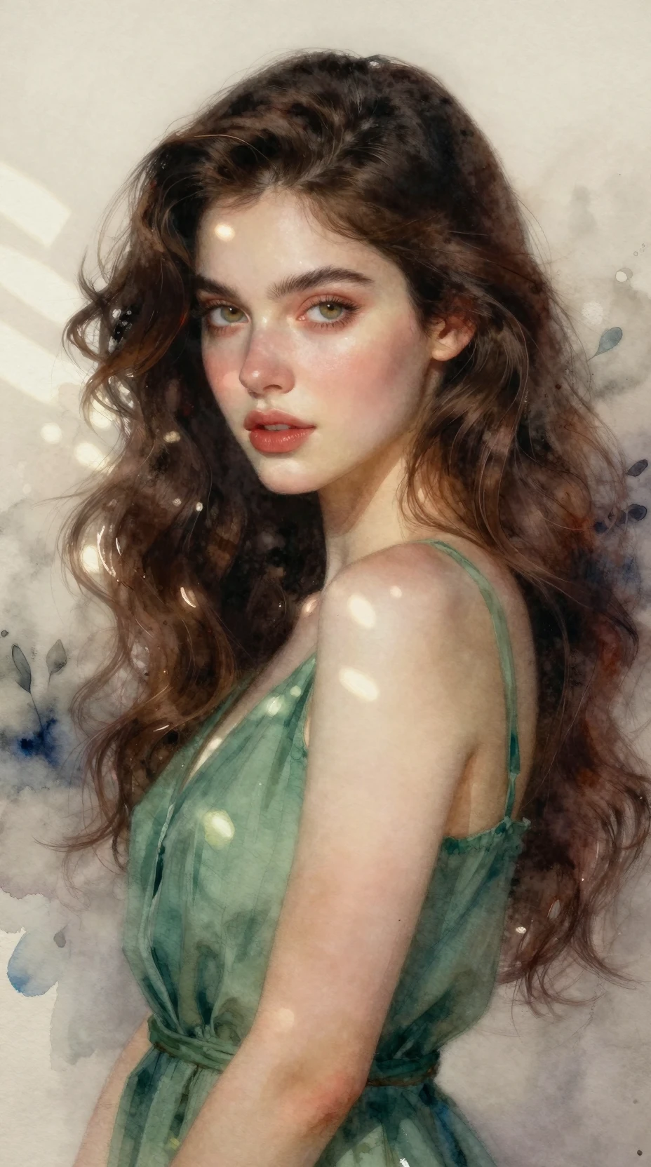 Retrato em aquarela de uma jovem em vestido de linho verde