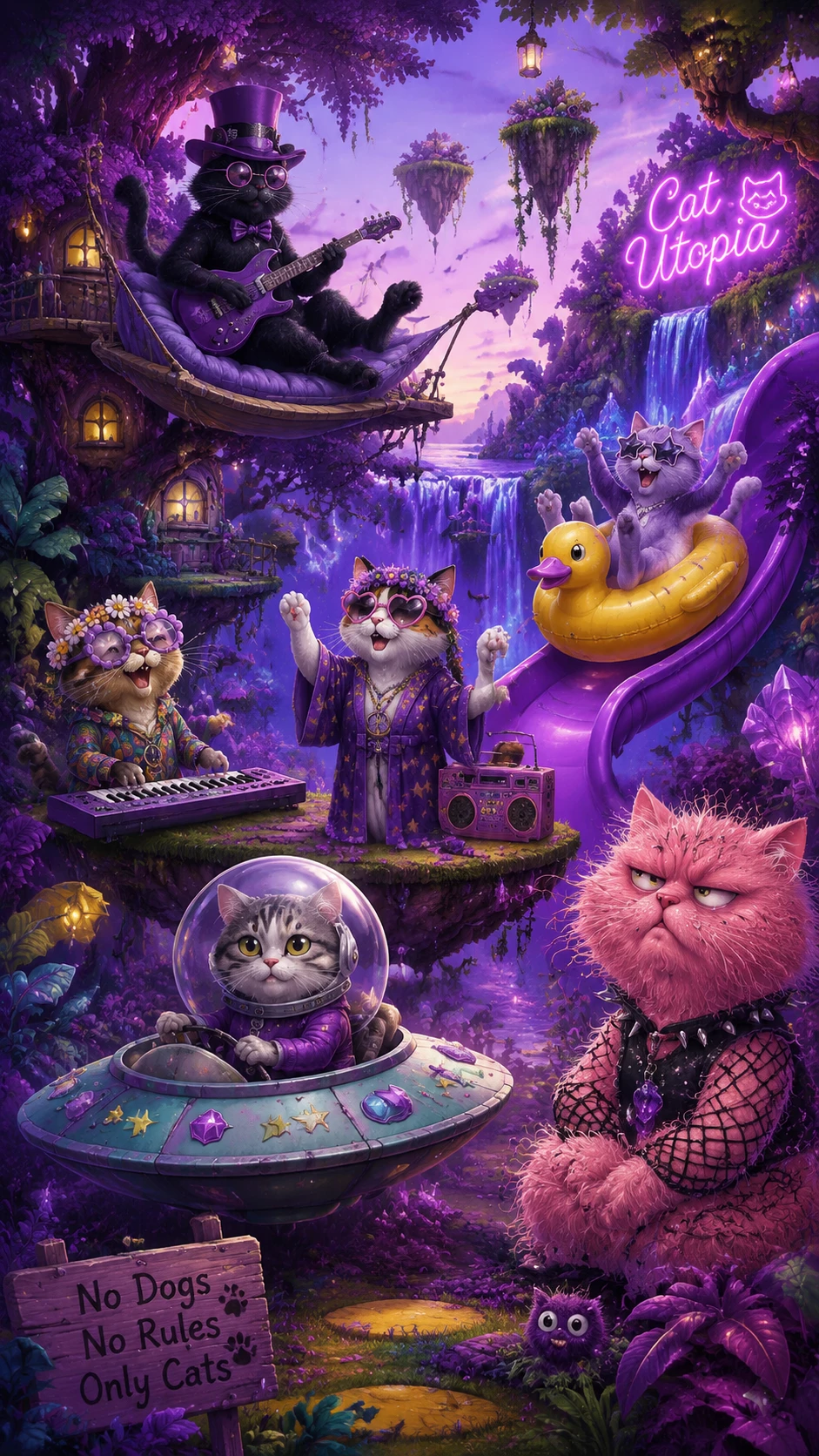 Six chats de dessin animé décalés dans une utopie fantastique et ludique
