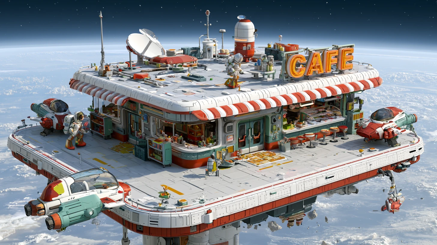 Animado café espacial retro en una plataforma orbital