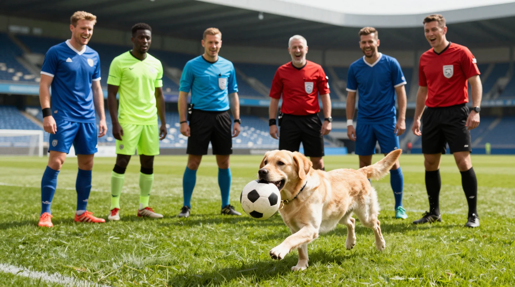 Cão brincalhão interrompe partida de futebol em campo verde ensolarado