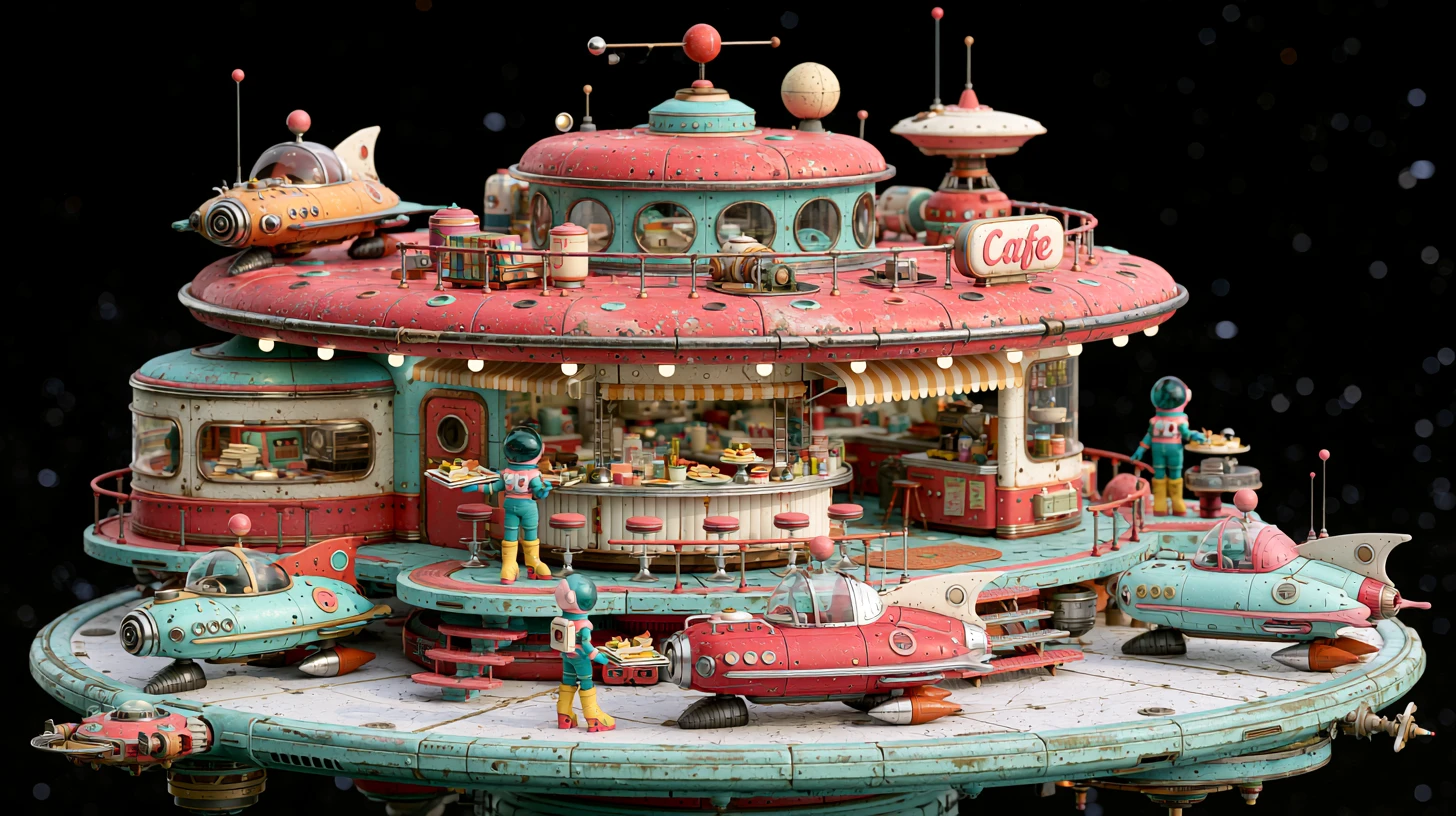 Bullicioso café espacial retro en una plataforma orbital