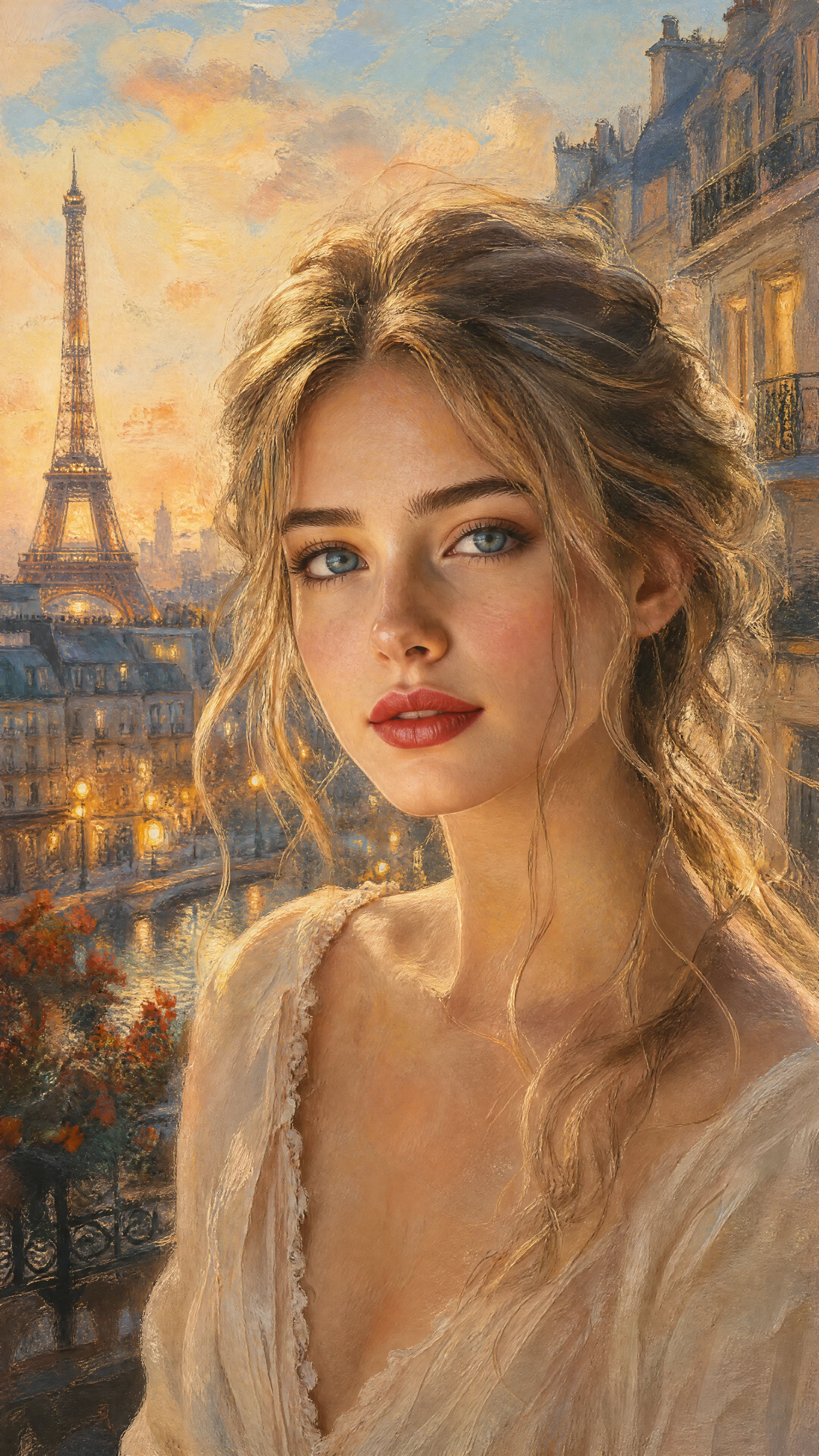 Retrato em pastel suave de uma mulher loira em Paris
