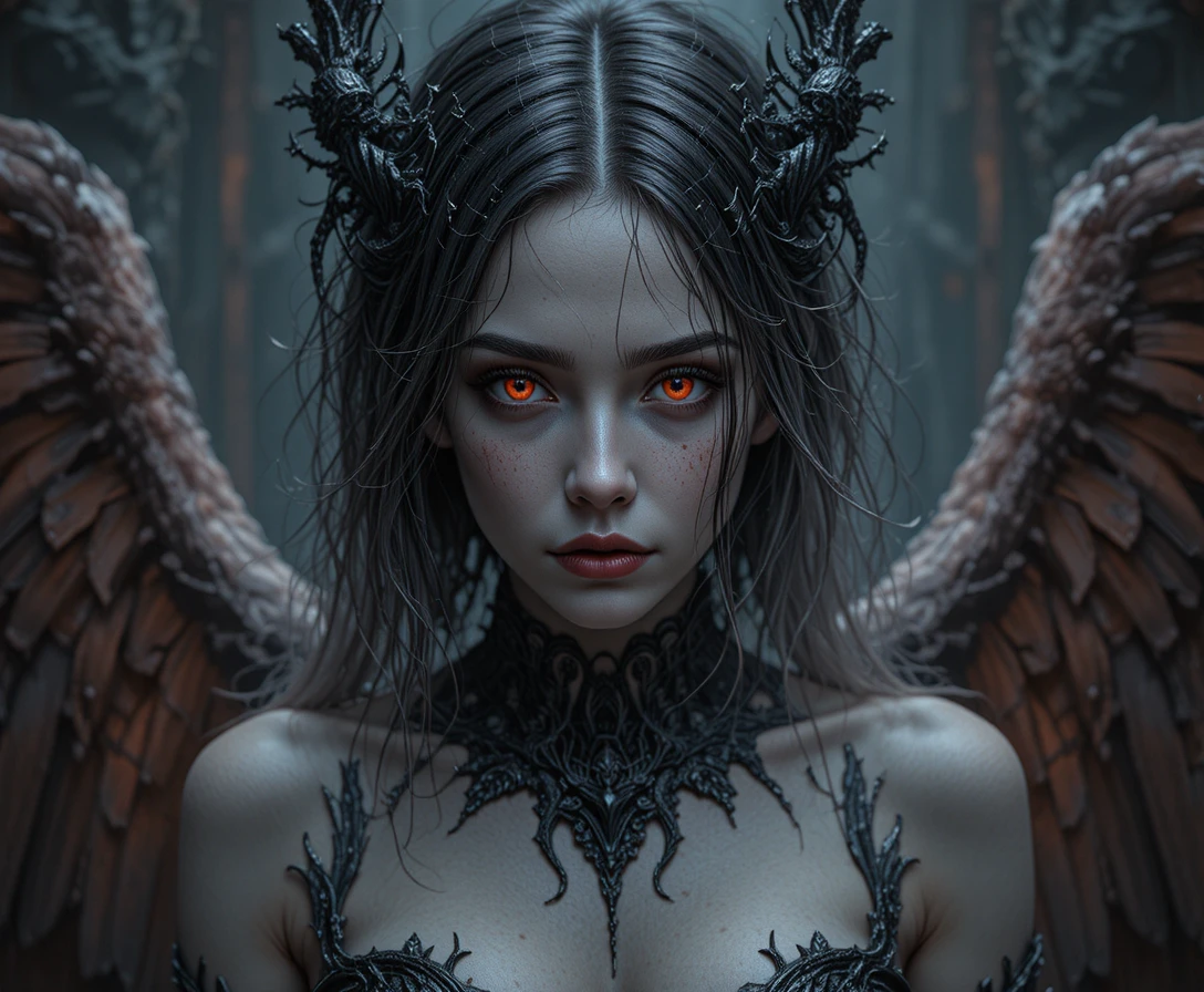 Haunting dark fantasy fallen angel woman with red eyes