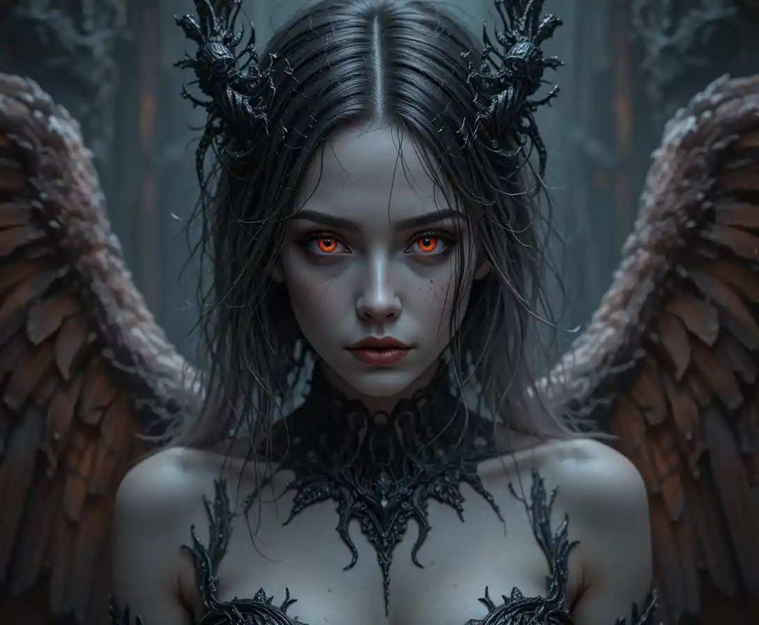 Haunting dark fantasy fallen angel woman with red eyes