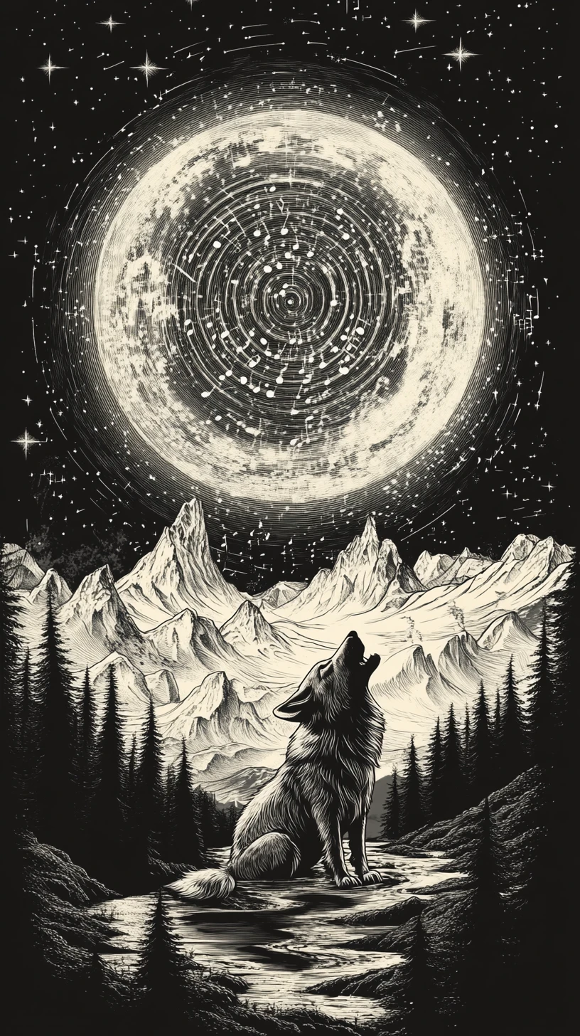 Lobo Uivando Sob uma Lua Musical Surreal