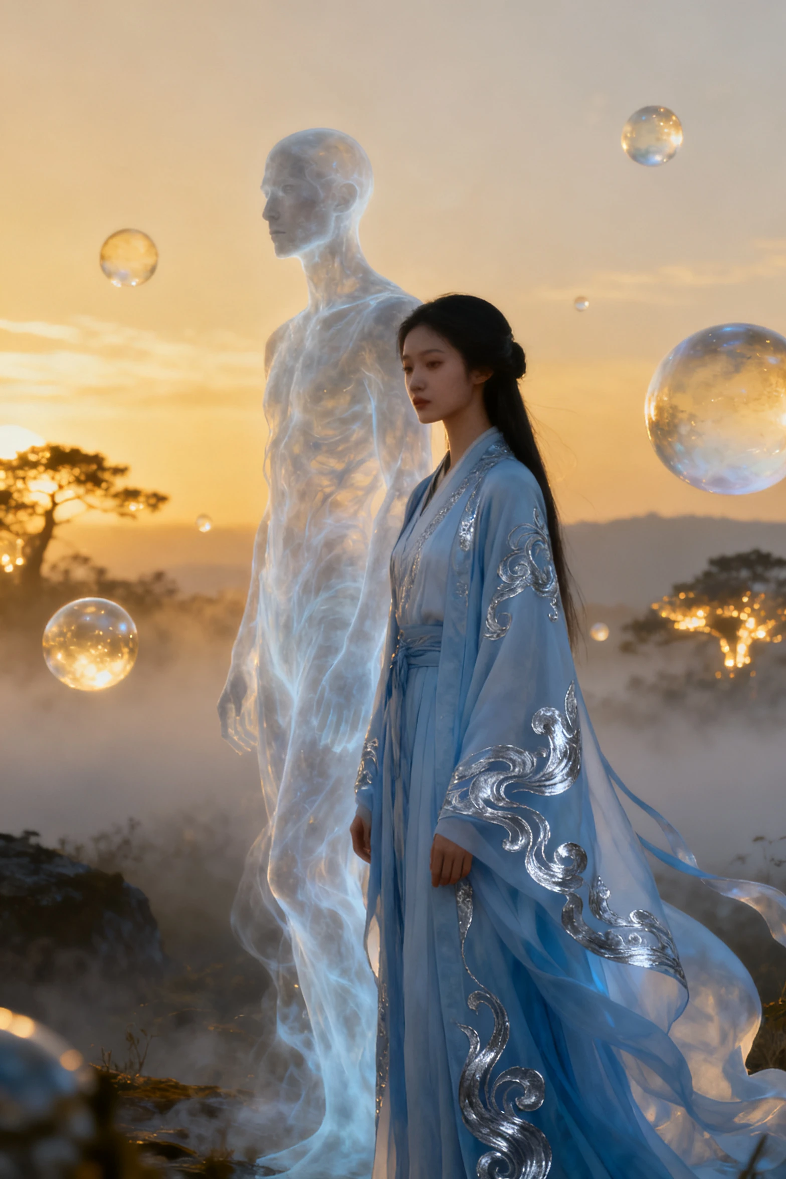 Mulher etérea e figura fantasmagórica em paisagem enevoada ao entardecer