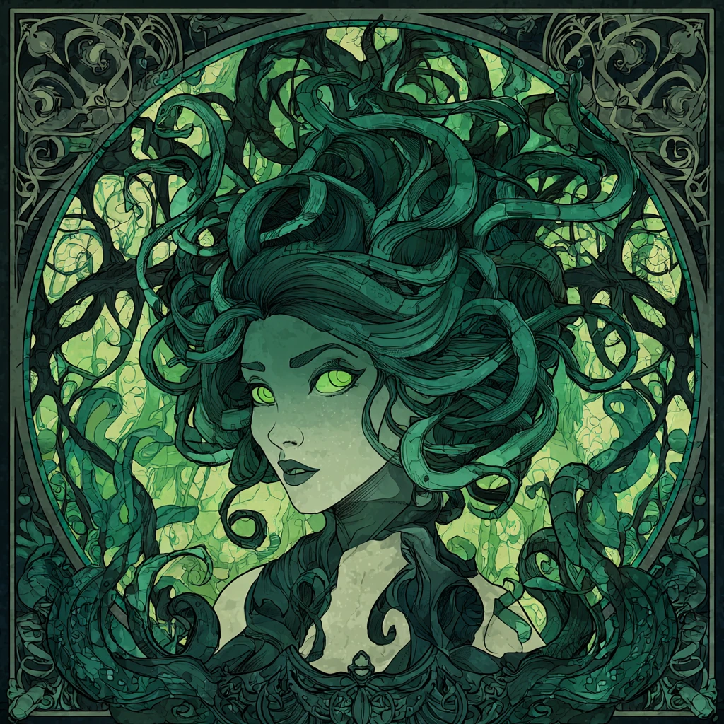 Donna Medusa steampunk surreale che cammina in una foresta incantata