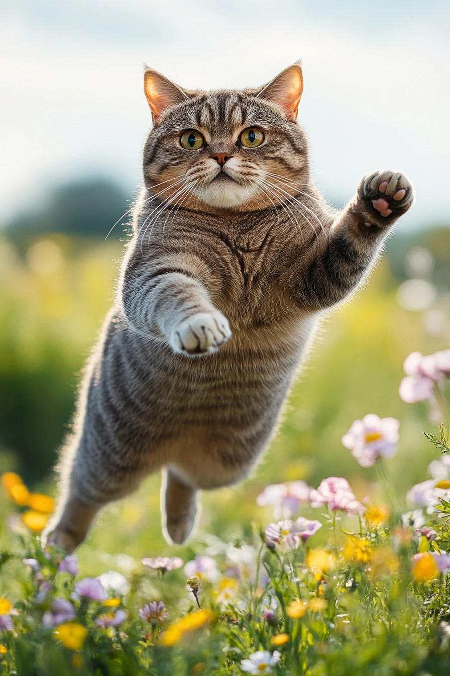 Chat dodu sautant au-dessus d’un champ de fleurs lumineux vu d’en bas