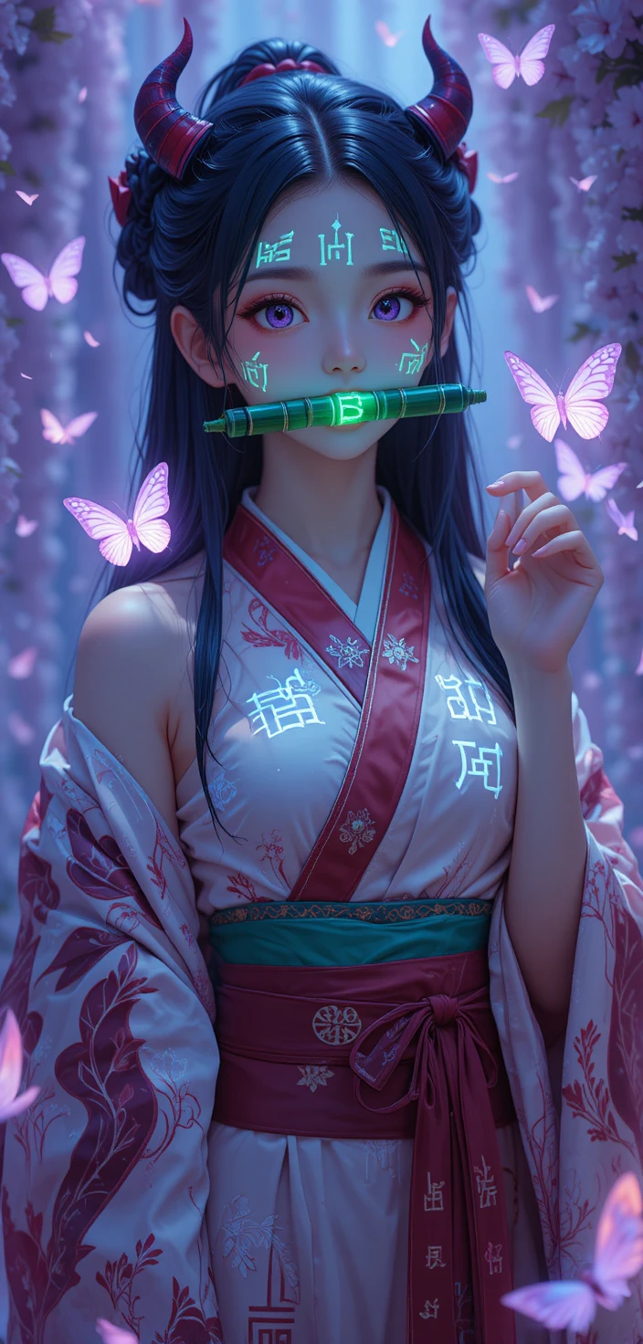 Fille démone d’anime avec runes lumineuses et bâillon en bambou